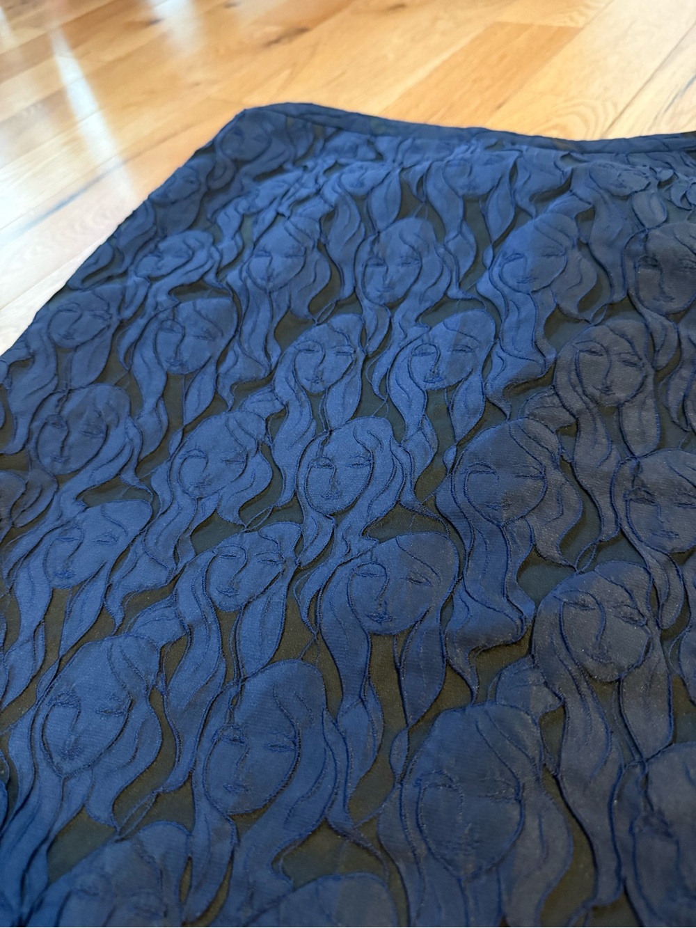 By Malene Birger Navy Blue Face Pattern Organza Pencil Skirt Sheer Jacquard Mod